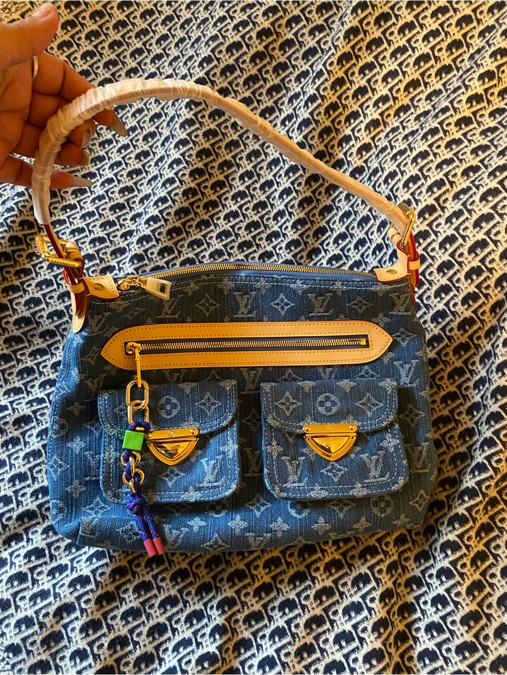 Designer-Inspired Blue Denim Monogram Shoulder Bag